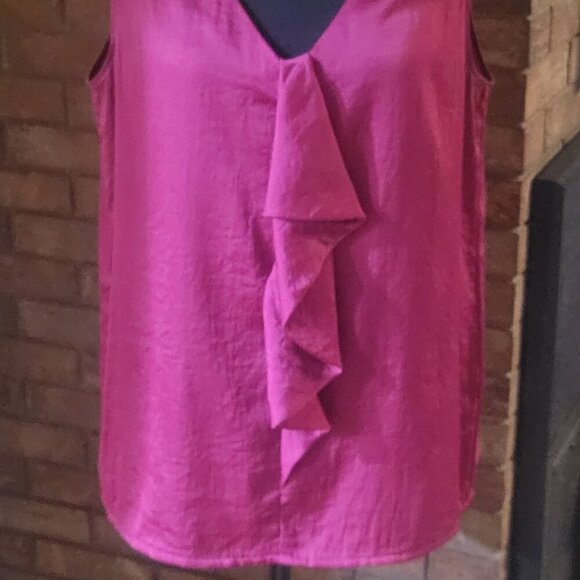 LOFT Fuchsia Satin Sleeveless Ruffles Blouse - Size L - Picture 6 of 6